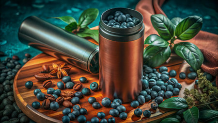 Coffee grinder with blueberries and coffee beans on a wooden board.