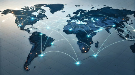 Global network connection on world map. 3D rendering and illustration.