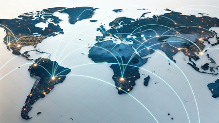 World map with glowing lines and connections. Global business and communication concept. 3D...