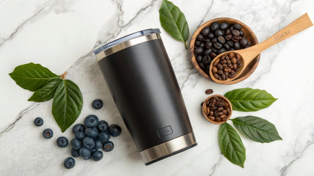 Coffee grinder with coffee beans and berriesle background