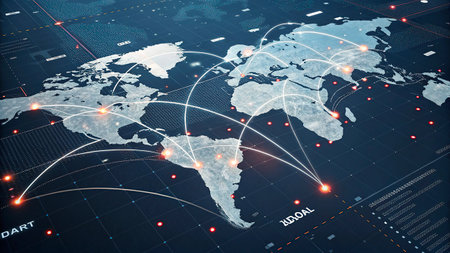 Digital world map with connection lines. Technology concept. 3D Rendering