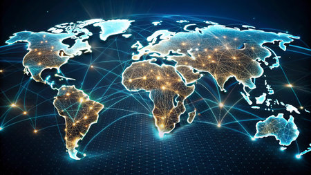 Global network connections over the world map. 3d rendering toned image double exposure