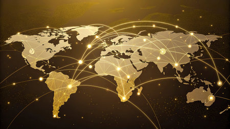 Global network connection concept with world map on dark background. Vector illustration.