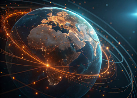 Planet Earth from space with international network representing communication, travel and...