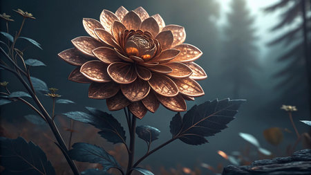 Dahlia flower in the dark forest. 3d illustration.