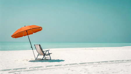 Beach chair and umbrella on the white sand with turquoise sea background