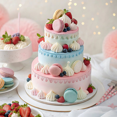 Birthday cake with berries and macaroons on a light backgroundの写真素材