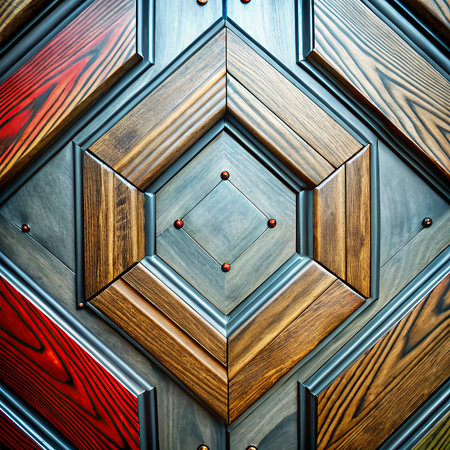Wooden door with metal elements, close-up. Background.の写真素材