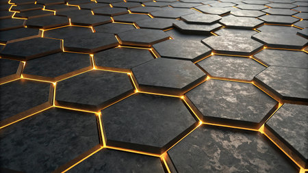 3d rendering of abstract metal hexagonal background with golden glowing lights