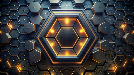 3d illustration of abstract geometric background with hexagons and glowing lightsの写真素材