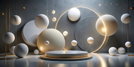 3d render, abstract minimal background, geometric shapes, podiums for product presentation.