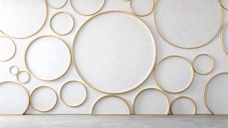 Minimalistic concrete room with round golden frames. 3D Renderingの写真素材