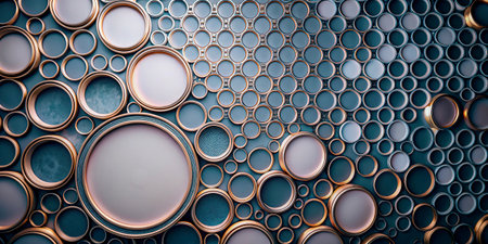 3d rendering, abstract metal background with circle holes, blue and gold color