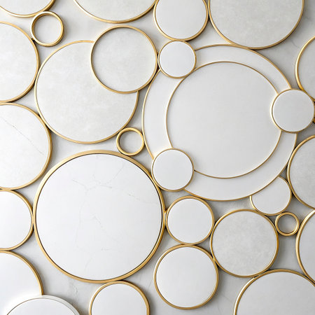 3d render. Abstract geometric background with round gold and white plates.