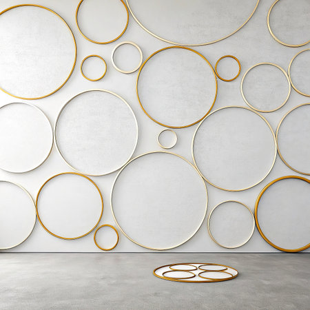 3d render of white wall with gold circle frame and concrete floor