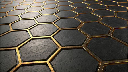 Black and golden hexagonal background. 3d rendering, 3d illustration.