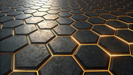 3d rendering of abstract hexagonal background with golden glowing lines.