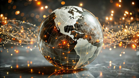 Globe with glowing lines and particles. 3d rendering toned image