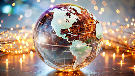Globe with christmas lights on wooden table, global warming concept
