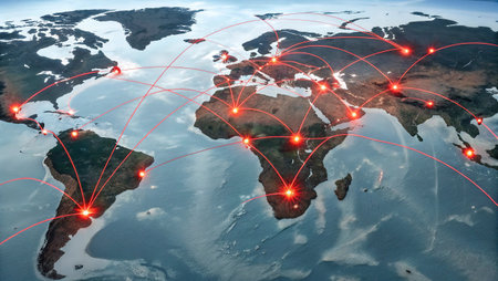 World map with glowing lines representing global communication concept. 3D rendering