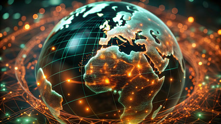 Globe and digital world map. 3d rendering toned imageの写真素材