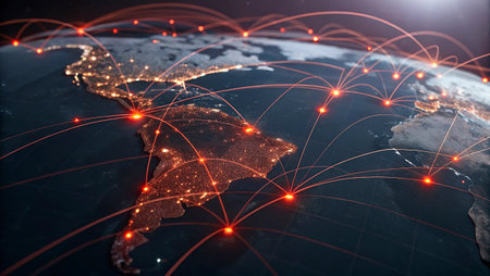 Cyprus on model of planet Earth at night with international network representing communication,...