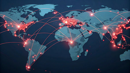 World map on a technological background, glowing lines symbols of the Internet, radio and...