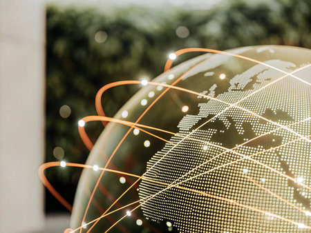 World map and glowing connections on blurry background. Global business concept. 3D Rendering