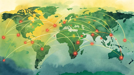 World map with connections on abstract watercolor background. Vector illustration.