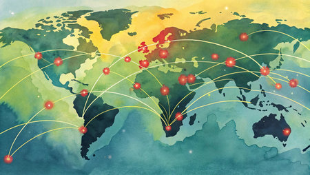 World map with network connections on watercolor background. Vector illustration.