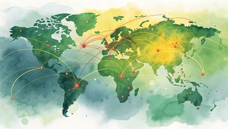 World map with internet network connections on watercolor background. Digital illustration.