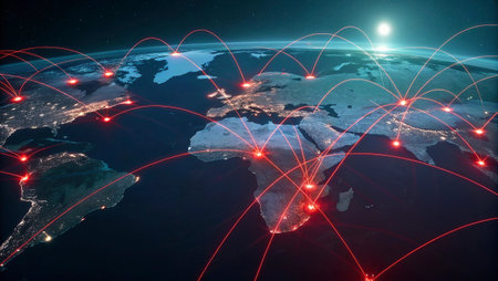 Network of connections over planet Earth at night with visible country borders. 3D illustration.