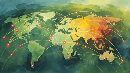 World map and network connections on watercolor background. Vector illustration.
