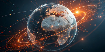 Global network connection over the world. 3d rendering toned image double exposure