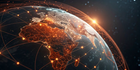 World map glowing on black background. Global network connections. 3D rendering