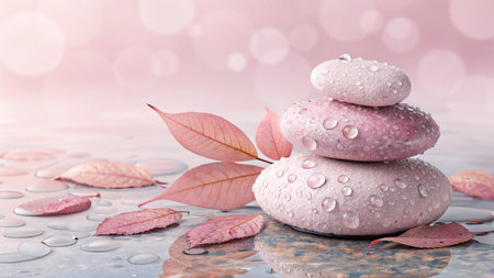 Spa stones with water drops and red leaves on a light backgroundの写真素材