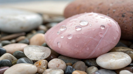 Water drops on pebbles, closeup of wet stone background