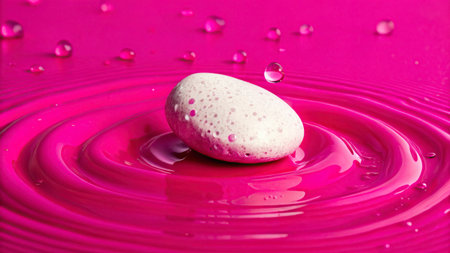Spa still life with water drops and pebbles on pink background