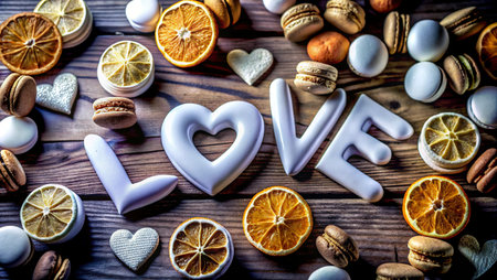 Valentine's Day background. Cookies and sweets on wooden tableの写真素材