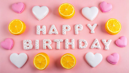 Happy birthday greeting card with colorful cookies, lemons and hearts on pink background