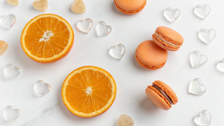 Orange macaroon with slice of orange and hearts on white background