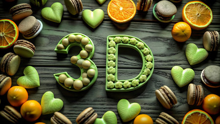 Colorful candies and cookies for Valentine's Day on a wooden background