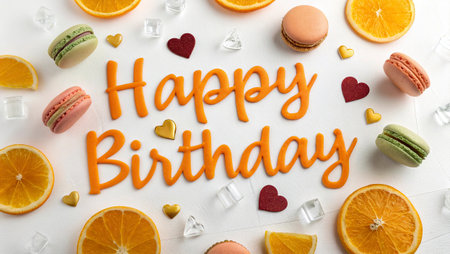 Colorful French macarons and word Happy Birthday on white backgroundの写真素材