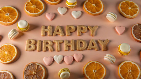 Happy birthday lettering and different sweets on pink background, flat lay