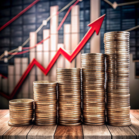 Investment concept, Coins graph stock market  on wooden background.
