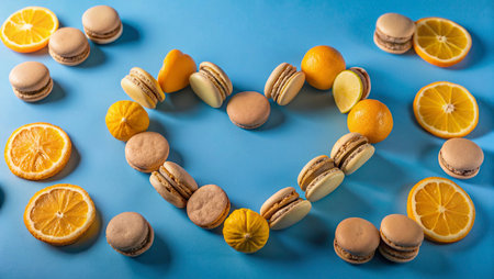Colorful french macaroons and oranges on blue background. Top view.の写真素材