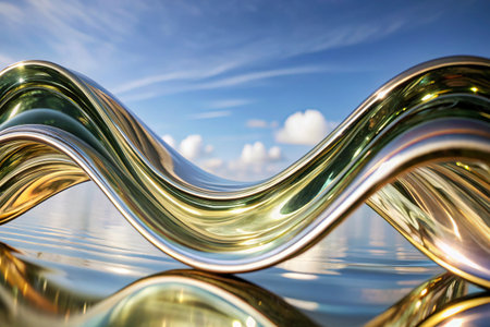 Close up of the curve of a silver metal with blue sky backgroundの素材