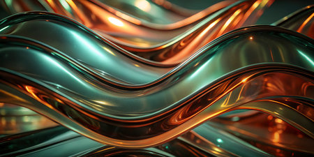 3d rendering of abstract metallic wavy background. Orange and blue colors.の素材