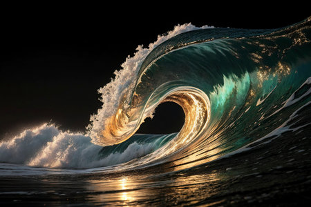 3D render of big wave breaking on the water surface at nightの素材