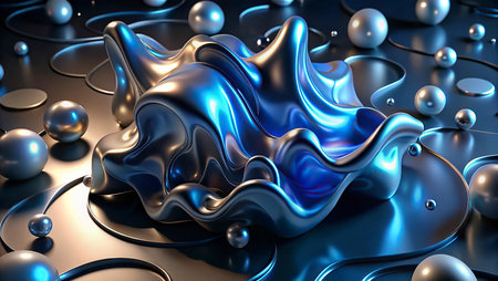 3d rendering of abstract background with liquid shapes in blue and silver colors